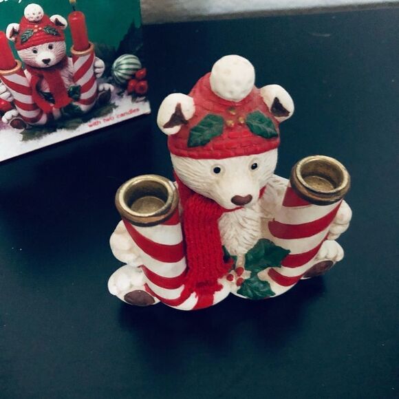 Vintage Christmas Polar Bear Candy Cane Candle Holder Figurine - Picture 2 of 4